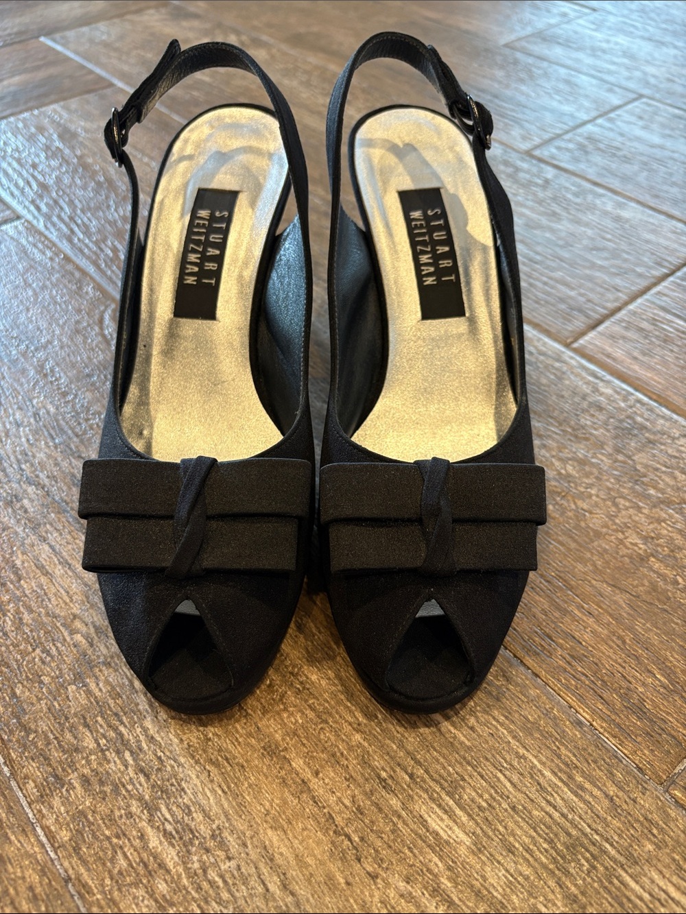 Stuart Weitzman Black Peep-Toe Slingback Heels with Front Bow
